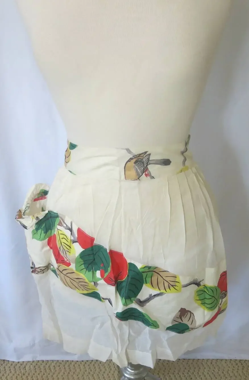 VINTAGE 1950/1960 Half Apron Handmade Pocket Beige with Leaves Tomatoes